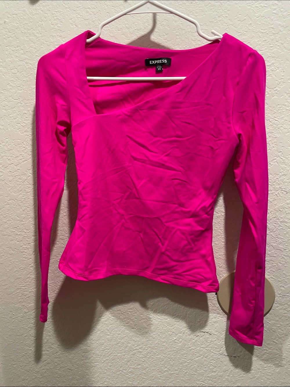 Express Women's Bright Fuchsia Long Sleeve Asymmetric Neck Top